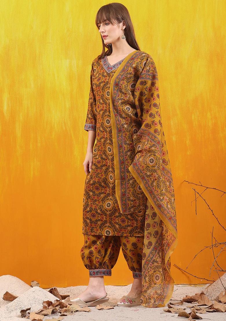 Mustard Embroidery Rayon Kurta Set - Indya