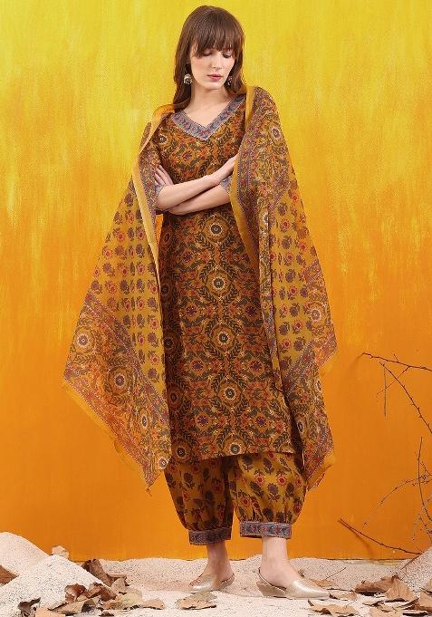 Mustard Embroidery Rayon Kurta Set