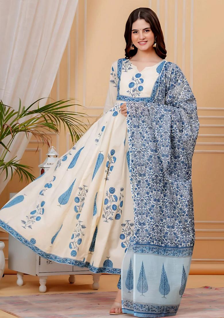 Aqua Blue Embroidery Cotton Kurta Set - Indya