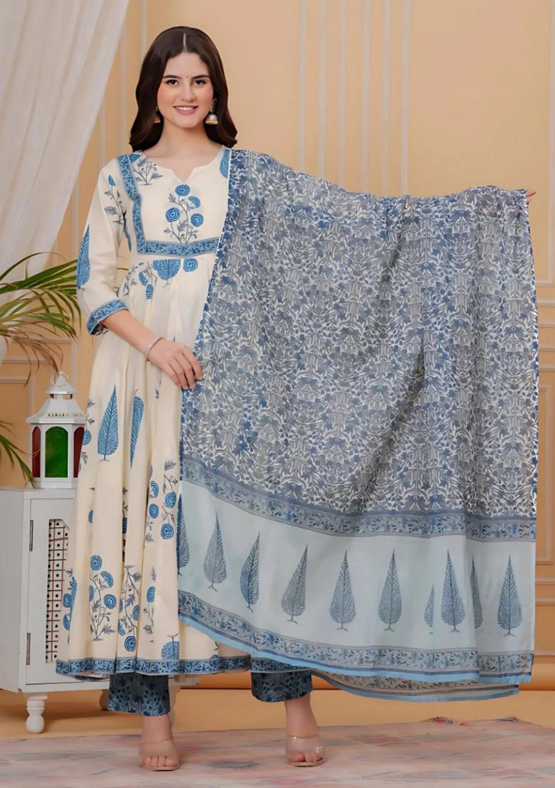 Aqua Blue Embroidery Cotton Kurta Set - Indya