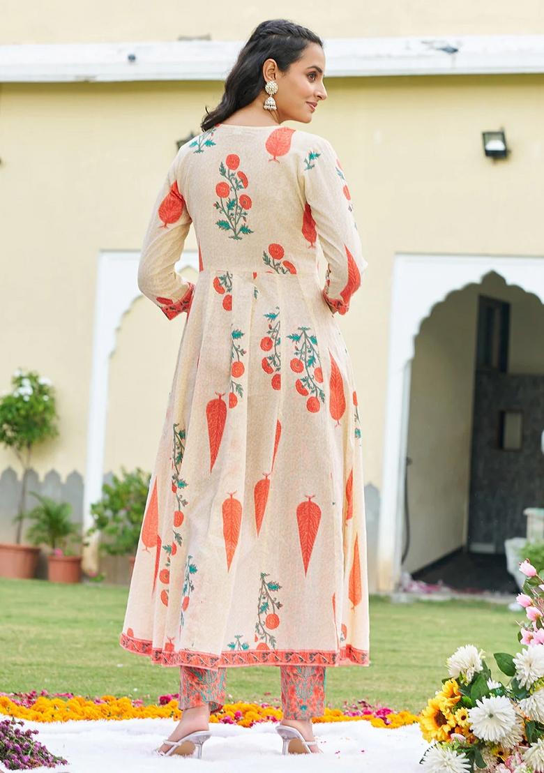 Orange Embroidery Cotton Kurta Set - Indya