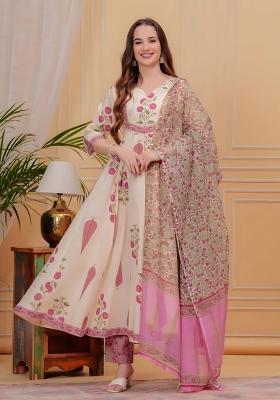 Pink Printed Cotton Anarkali Set
