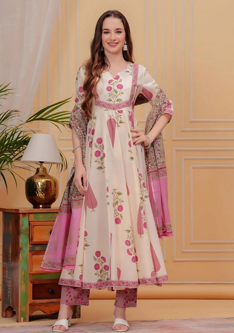 Pink Embroidery Cotton Kurta Set - Indya