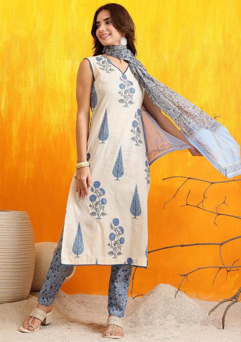 Aqua Blue Embroidery Cotton Kurta Set - Indya