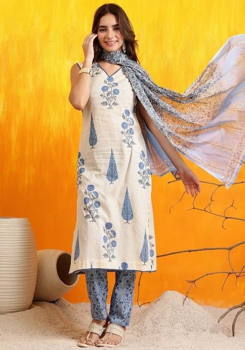 Aqua Blue Embroidery Cotton Kurta Set