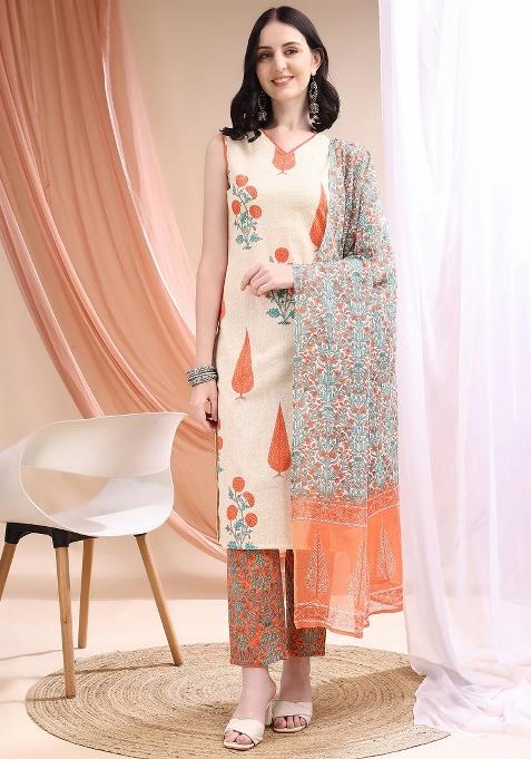 Orange Embroidery Cotton Kurta Set