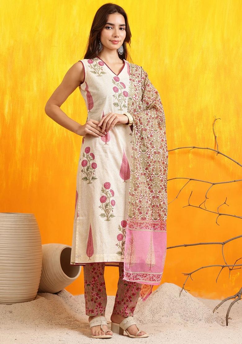 Pink Embroidery Cotton Kurta Set - Indya