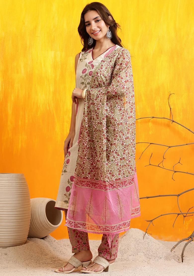 Pink Embroidery Cotton Kurta Set - Indya