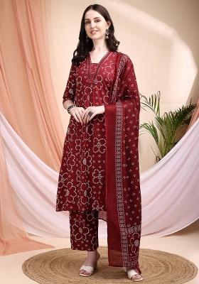 Maroon Embroidery Cotton Kurta Set