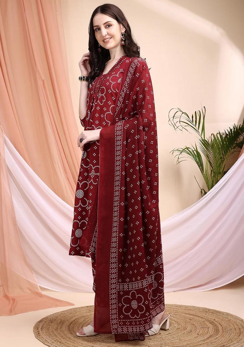 Maroon Embroidery Cotton Kurta Set - Indya