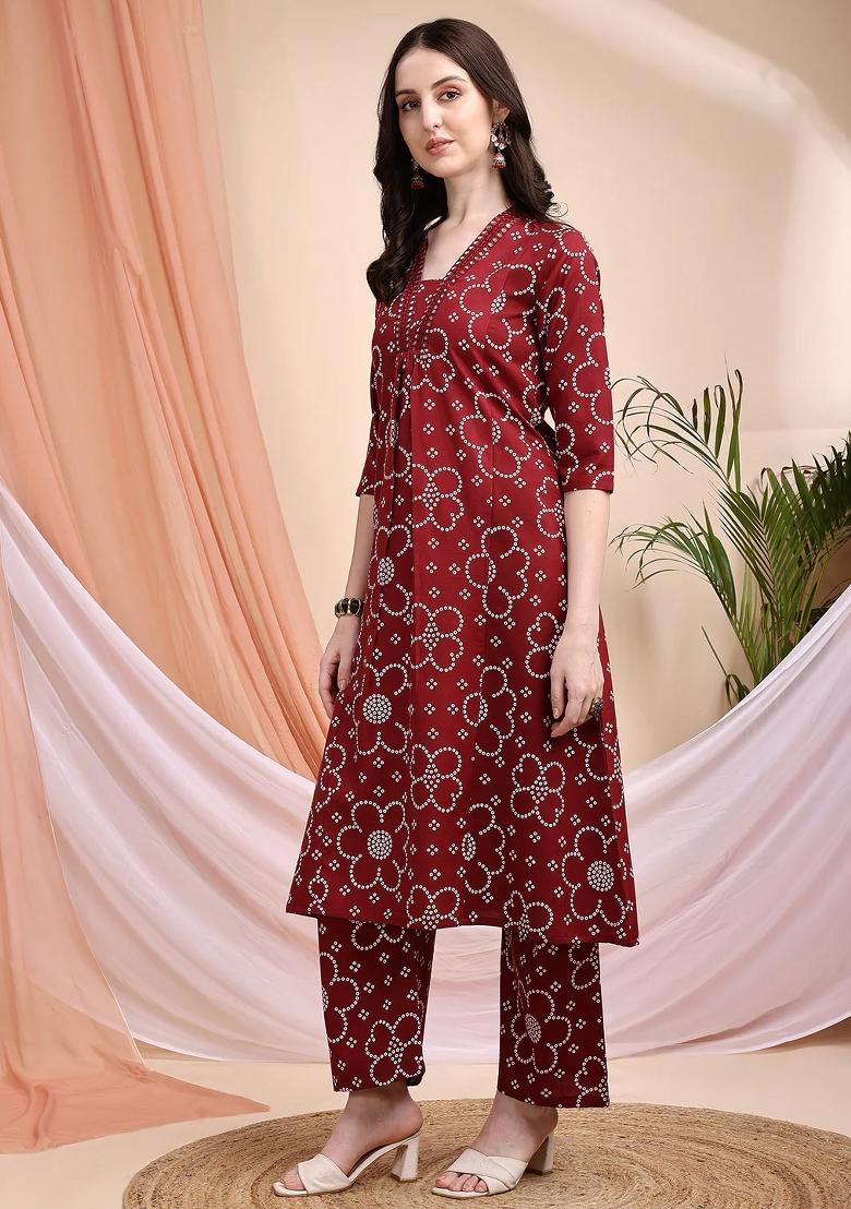 Maroon Embroidery Cotton Kurta Set - Indya
