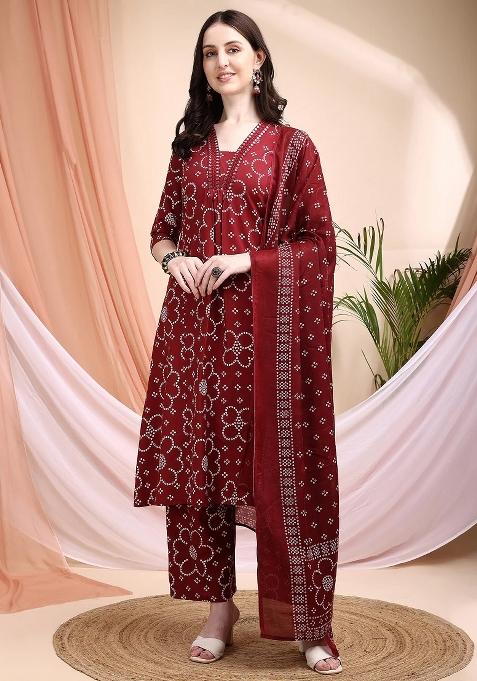 Maroon Embroidery Cotton Kurta Set