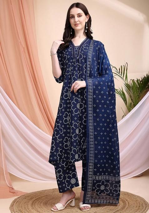 Navy Blue Embroidery Rayon Kurta Set