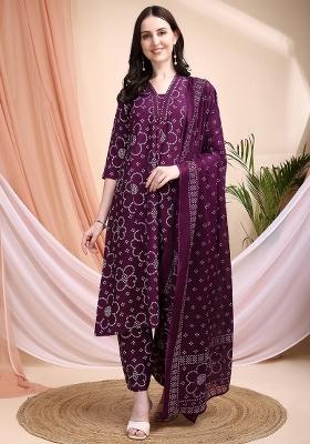 Purple Embroidery Cotton Kurta Set