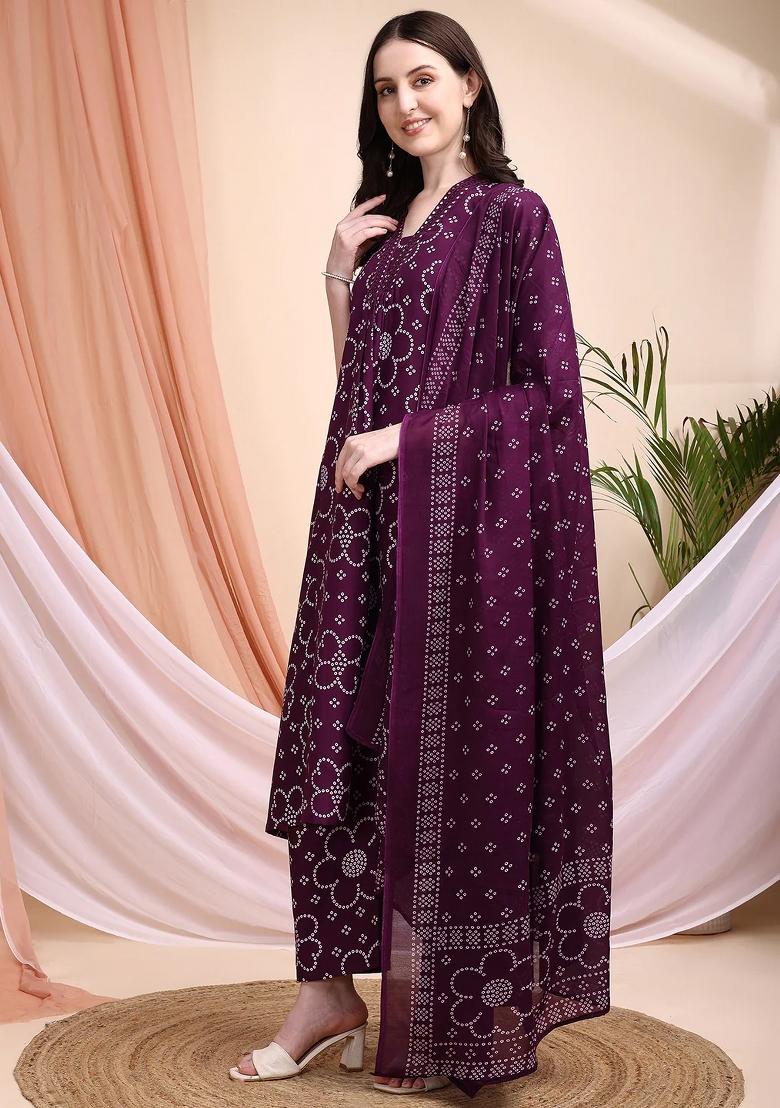 Purple Embroidery Cotton Kurta Set - Indya