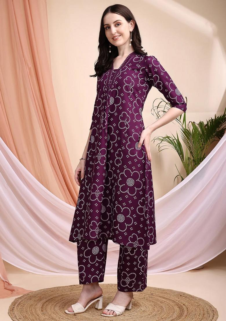 Purple Embroidery Cotton Kurta Set - Indya