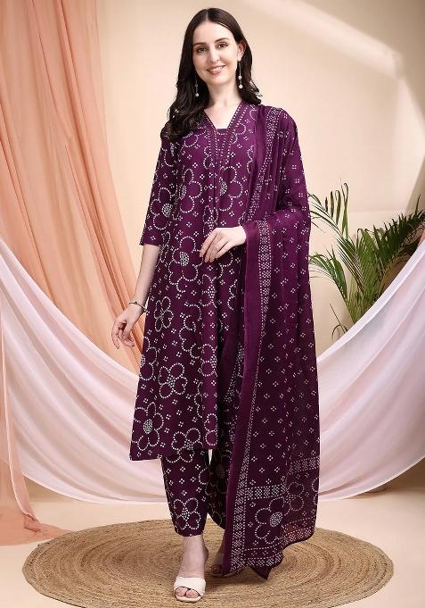 Purple Embroidery Cotton Kurta Set