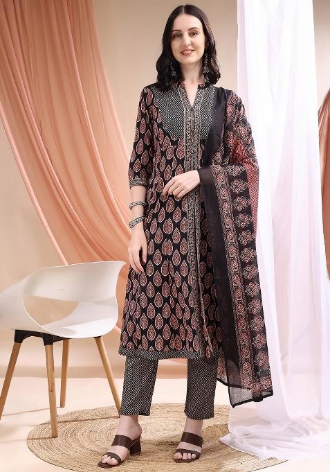 Black Embroidery Cotton Kurta Set