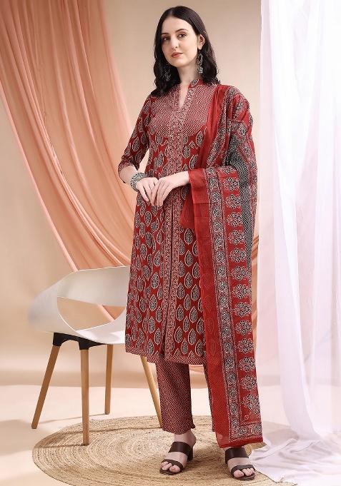 Maroon Embroidery Cotton Kurta Set