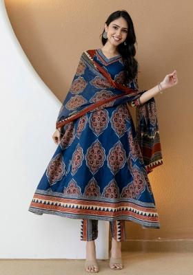 Blue Printed Cotton A Line Kurta Set