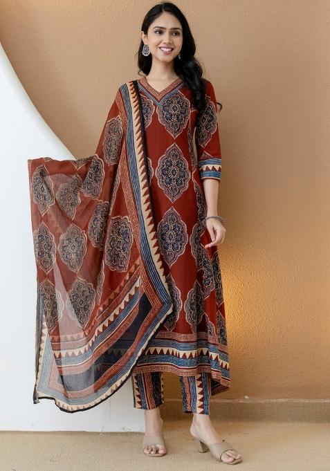 Rust Embroidery Cotton Kurta Set