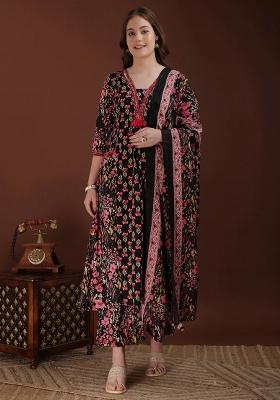 Black Floral Print Cotton Anarkali Set