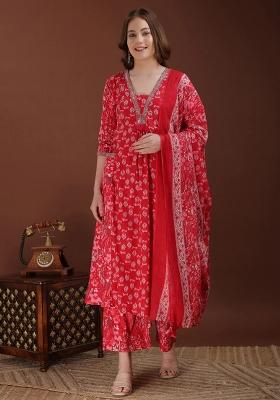 Pink Printed Cotton A Line Kurta Set