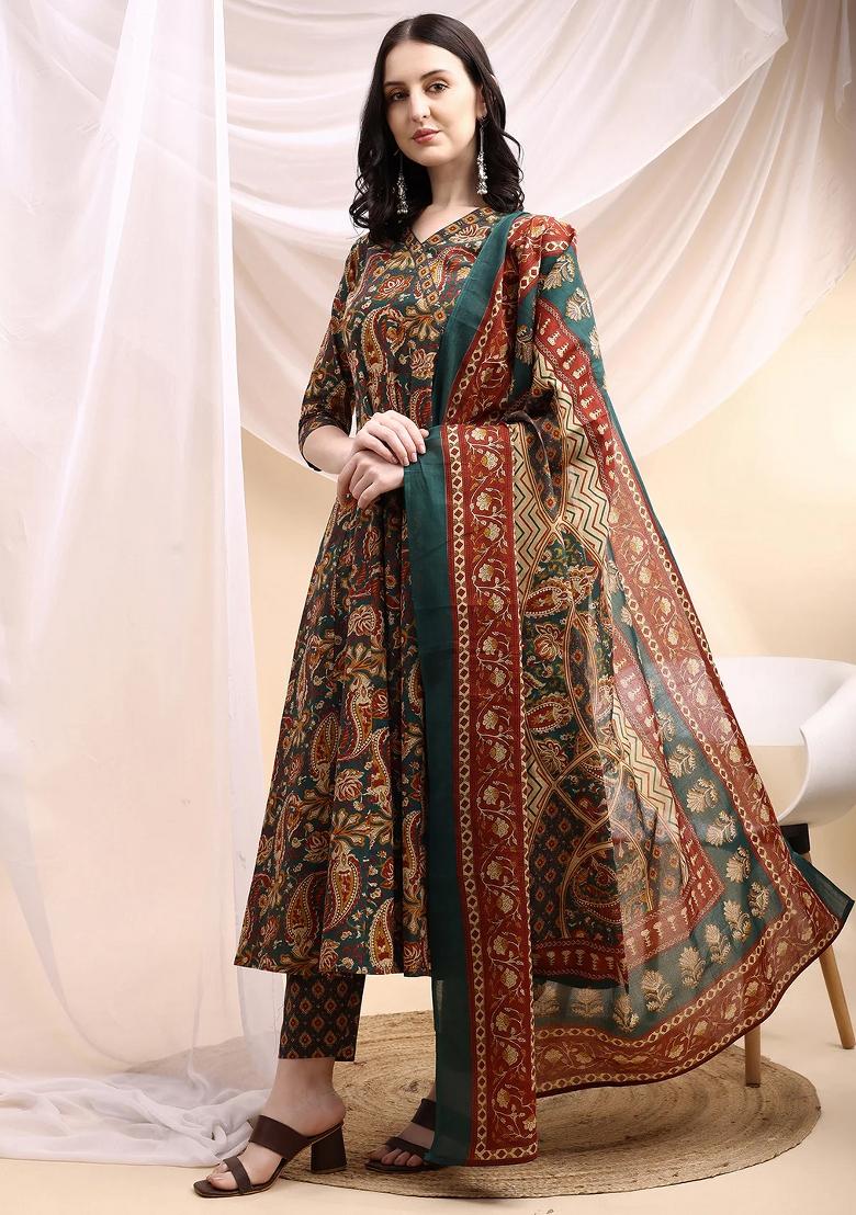 Bottle Green Embroidery Cotton Kurta Set - Indya