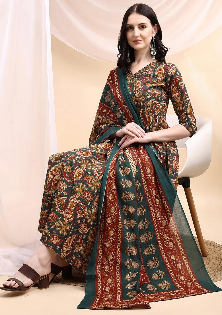 Bottle Green Embroidery Cotton Kurta Set - Indya