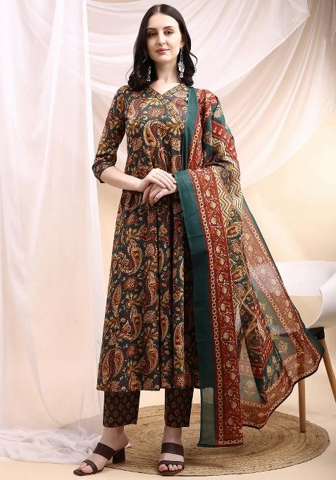 Bottle Green Embroidery Cotton Kurta Set