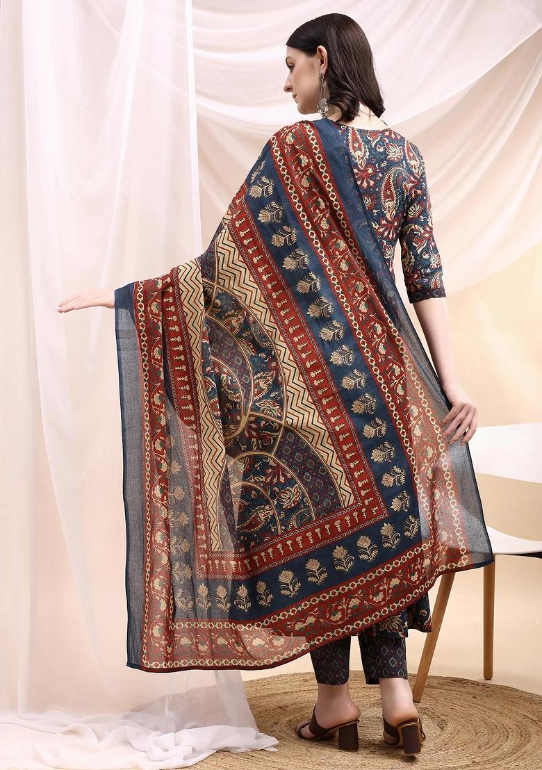 Navy Blue Embroidery Cotton Kurta Set - Indya