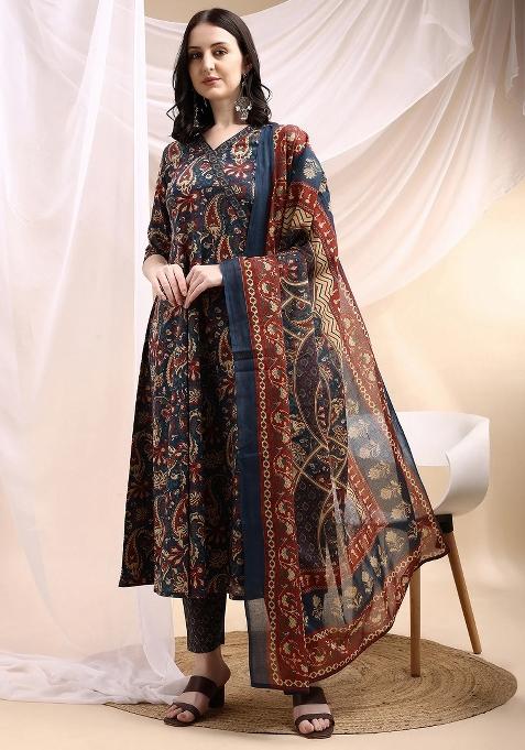 Navy Blue Embroidery Cotton Kurta Set