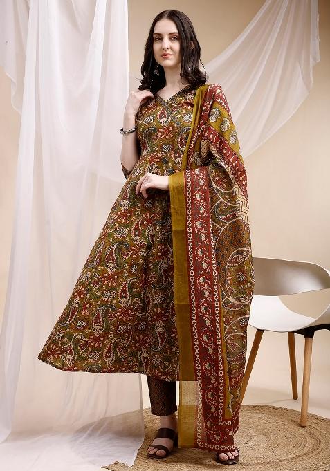 Olive Embroidery Cotton Kurta Set