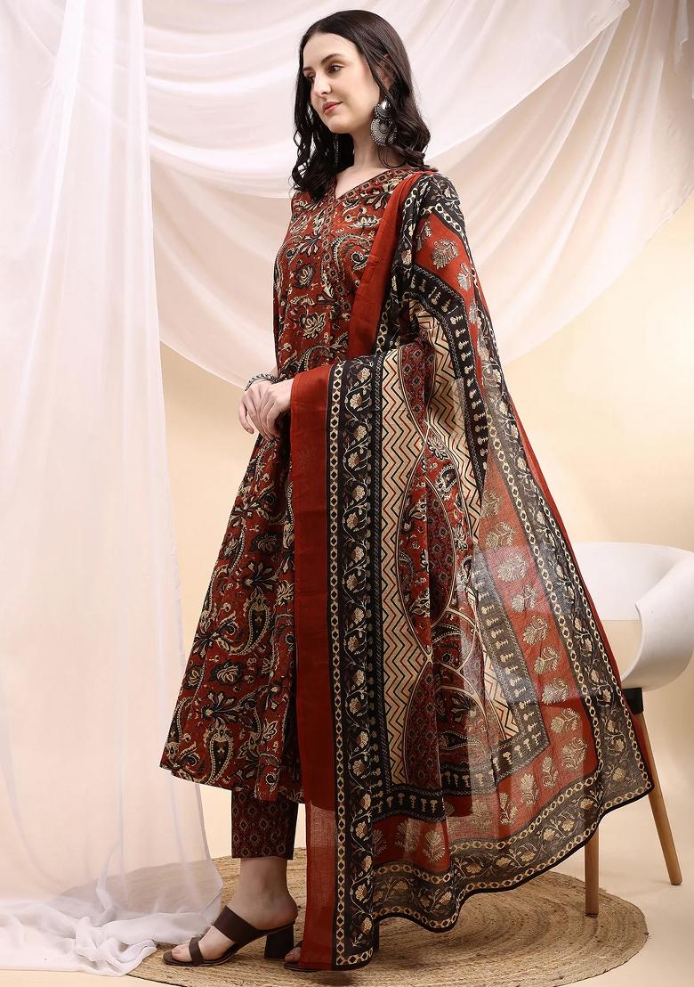 Rust Embroidery Cotton Kurta Set - Indya