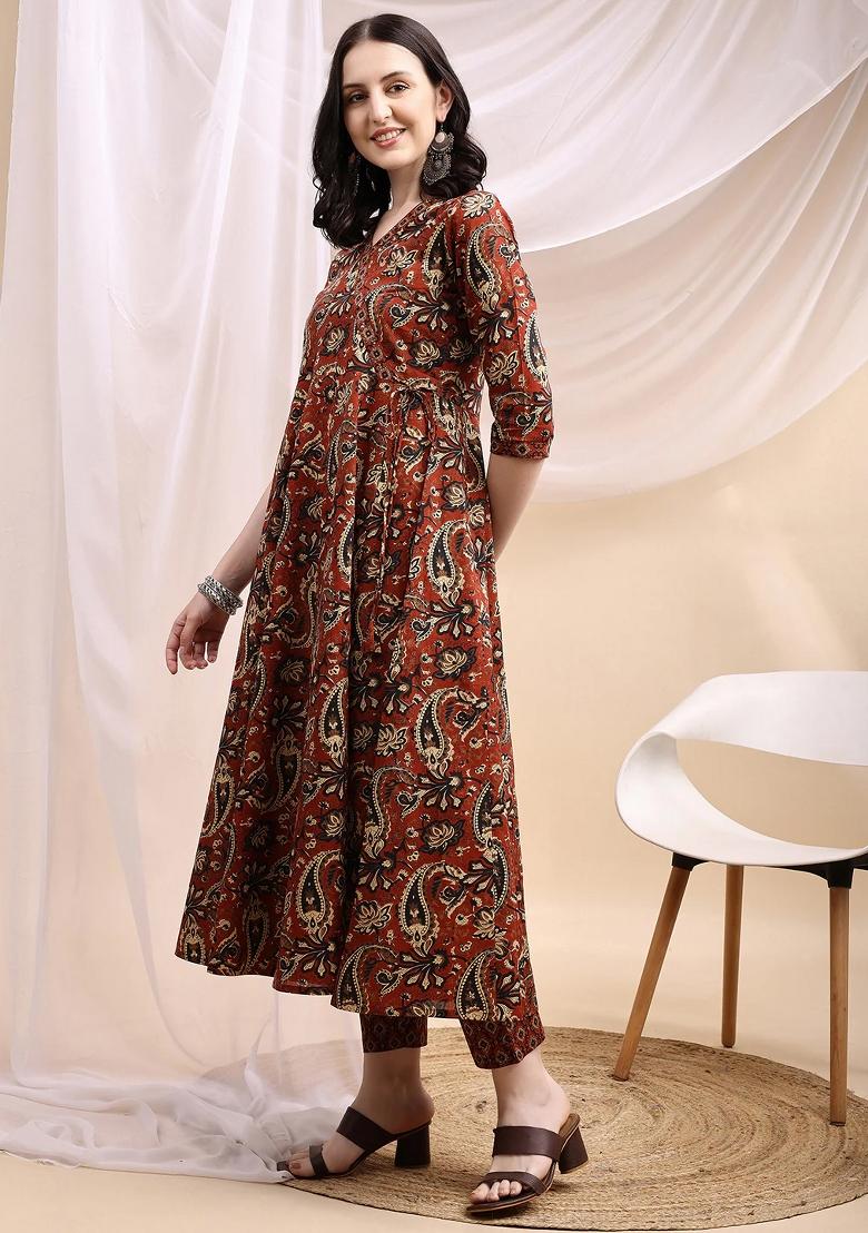 Rust Embroidery Cotton Kurta Set - Indya