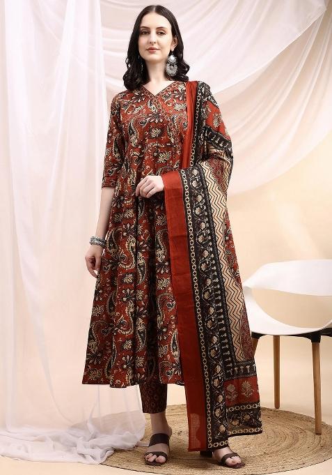 Rust Embroidery Cotton Kurta Set