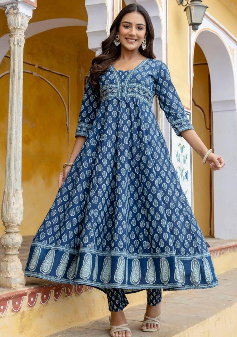 Blue Embroidery Cotton Kurta Set - Indya