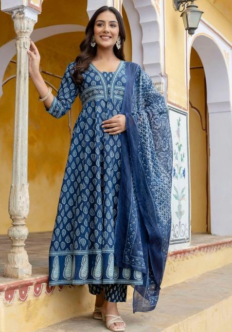 Blue Embroidery Cotton Kurta Set