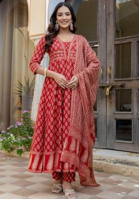 Rust Embroidery Cotton Kurta Set