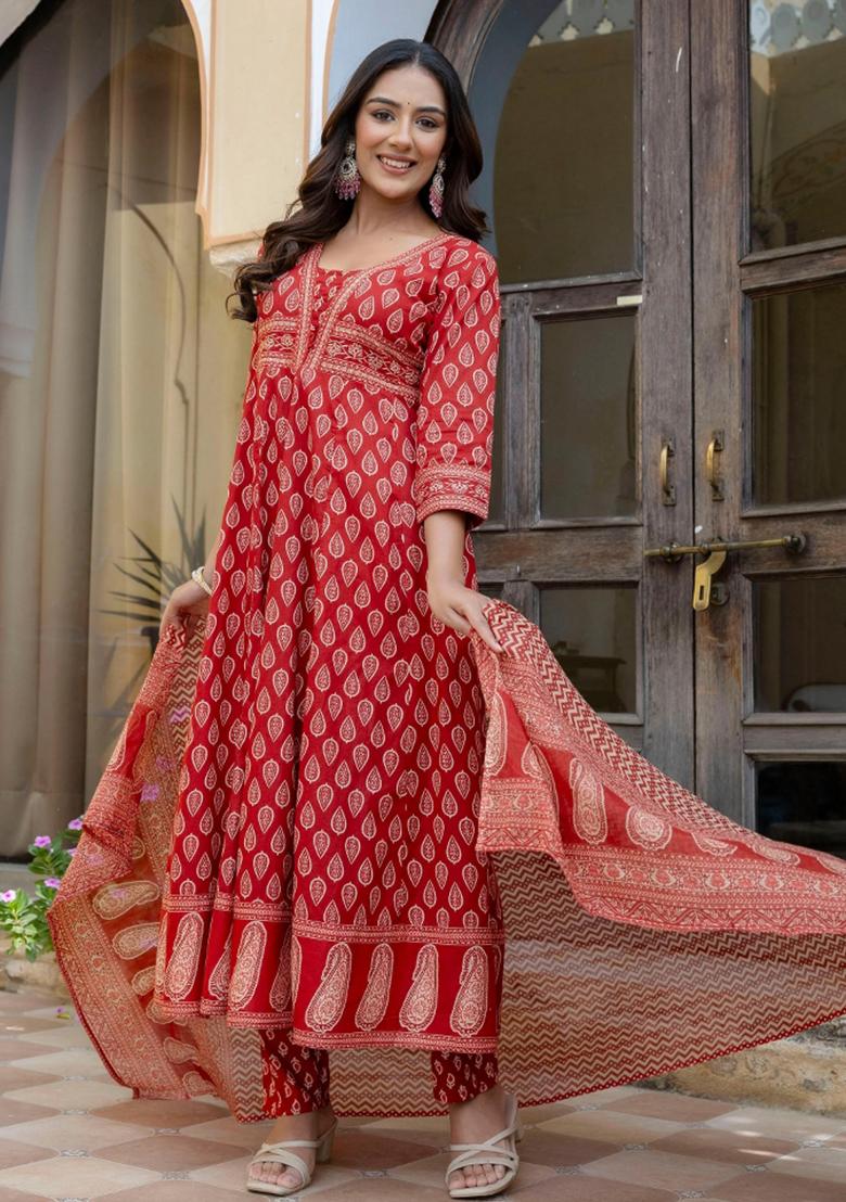 Rust Embroidery Cotton Kurta Set - Indya