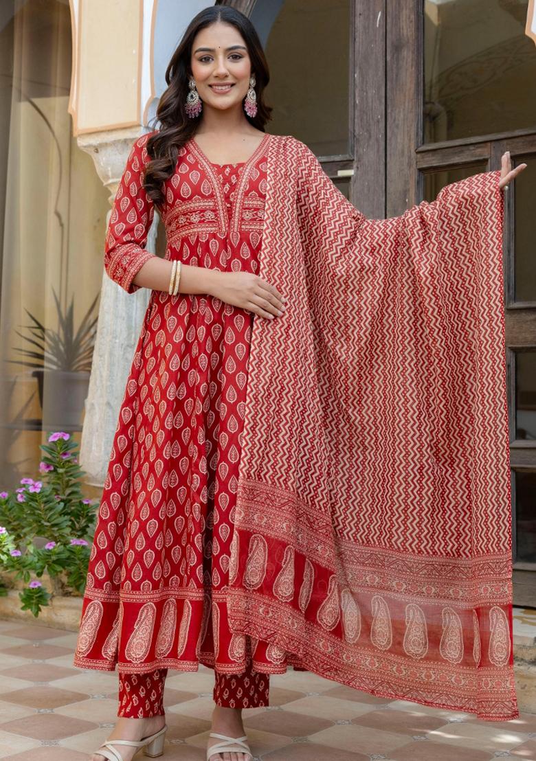 Rust Embroidery Cotton Kurta Set - Indya