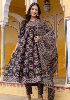 Black Printed Cotton Anarkali Set