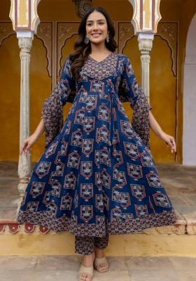 Blue Printed Cotton A Line Kurta Set