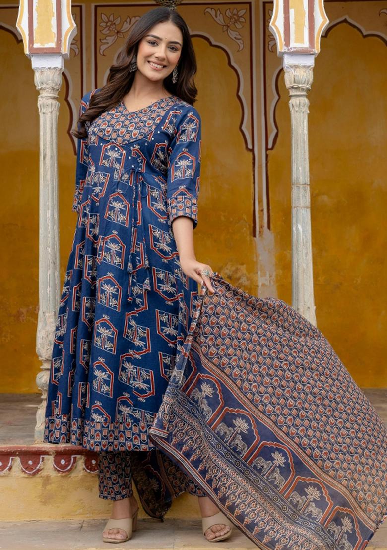 Blue Embroidery Cotton Kurta Set - Indya
