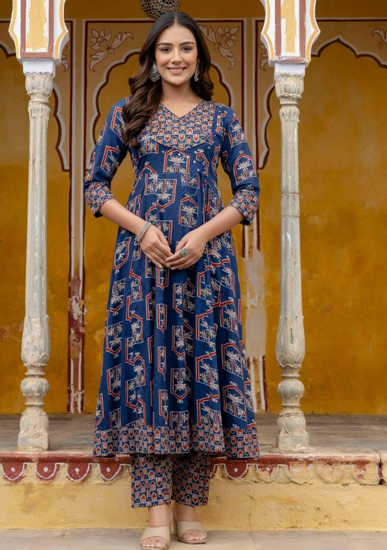 Blue Embroidery Cotton Kurta Set - Indya