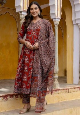 Rust Embroidery Cotton Kurta Set