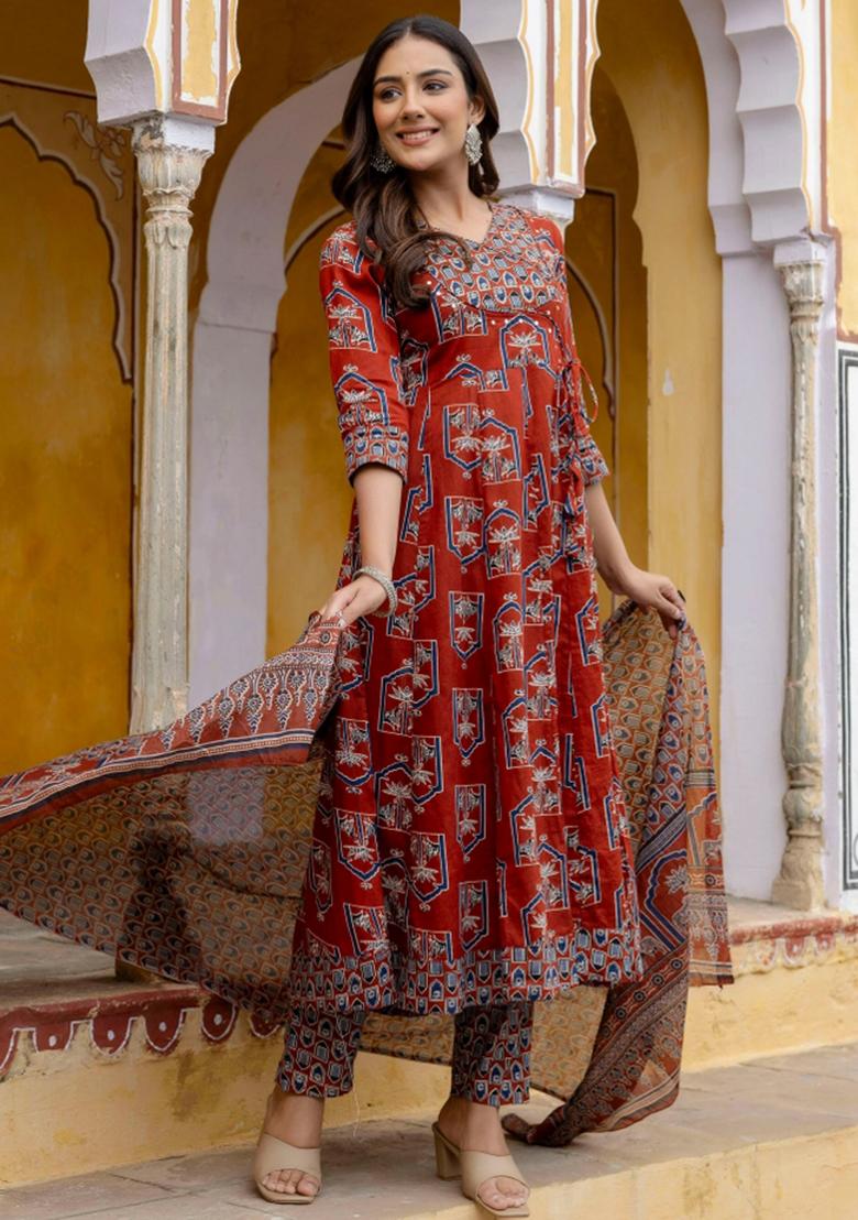 Rust Embroidery Cotton Kurta Set - Indya