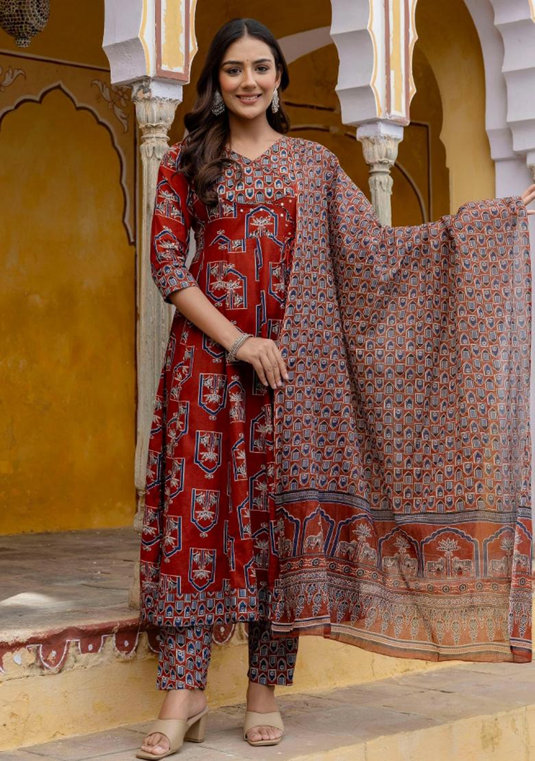Rust Embroidery Cotton Kurta Set - Indya