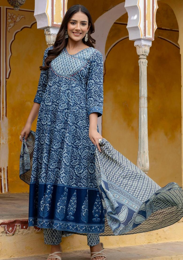 Blue Embroidery Cotton Kurta Set - Indya