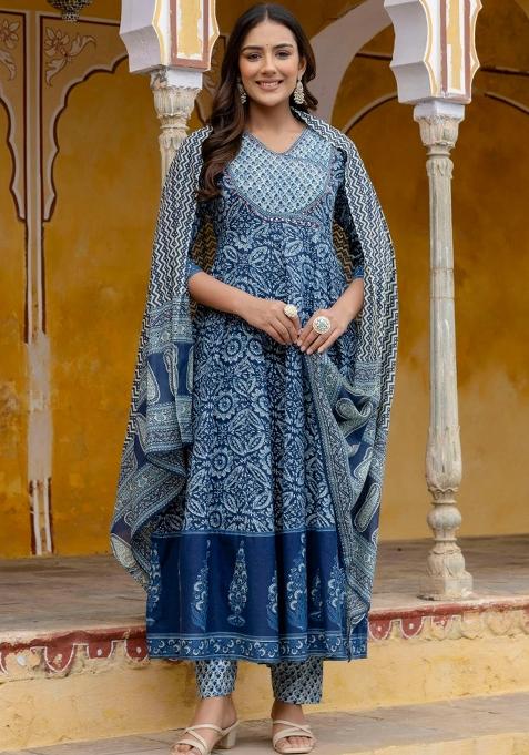 Blue Embroidery Cotton Kurta Set
